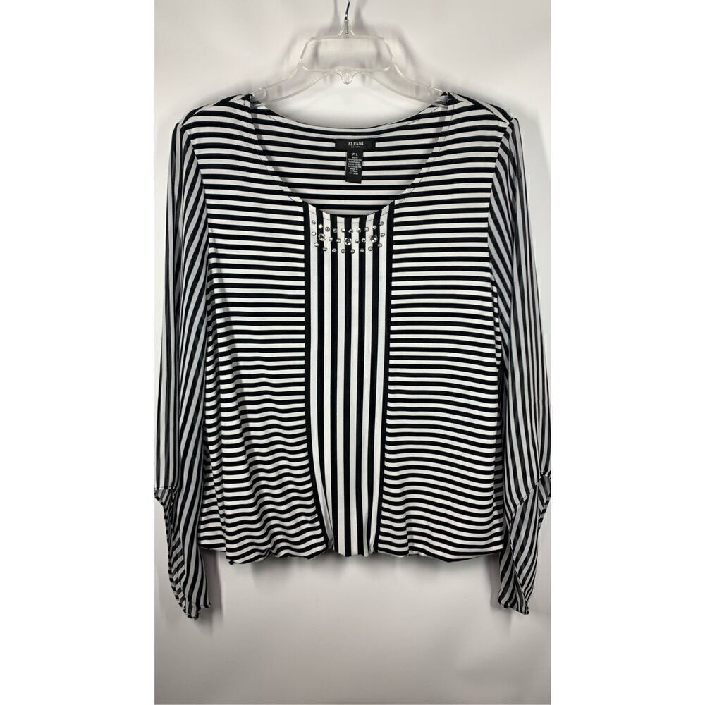 Alfani Women's Batwing Sheer Sleeves Blouson Top Black And White Size P/L